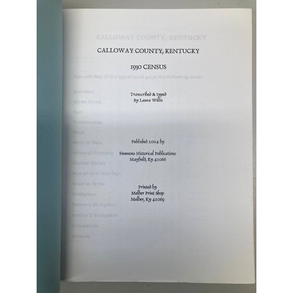 Calloway County Kentucky Census 1930 Laura Willis 2004 Historical - Picture 2 of 4